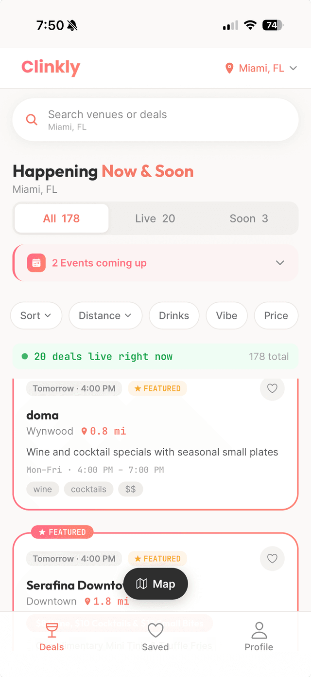 Clinkly app showing happy hour deals
